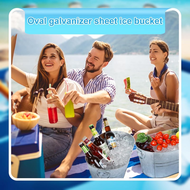tchrules Galvanized Tub Beverage Tubs, 2pcs Metal Ice Buckets for Cocktail Bar 3 Gallon Wine Beer Drink Buckets with Handles Large Tub Cooler Mimosa Bar Supplies Ice Bucket for Parties 15x9x6inch(Galvanized) - Image 3